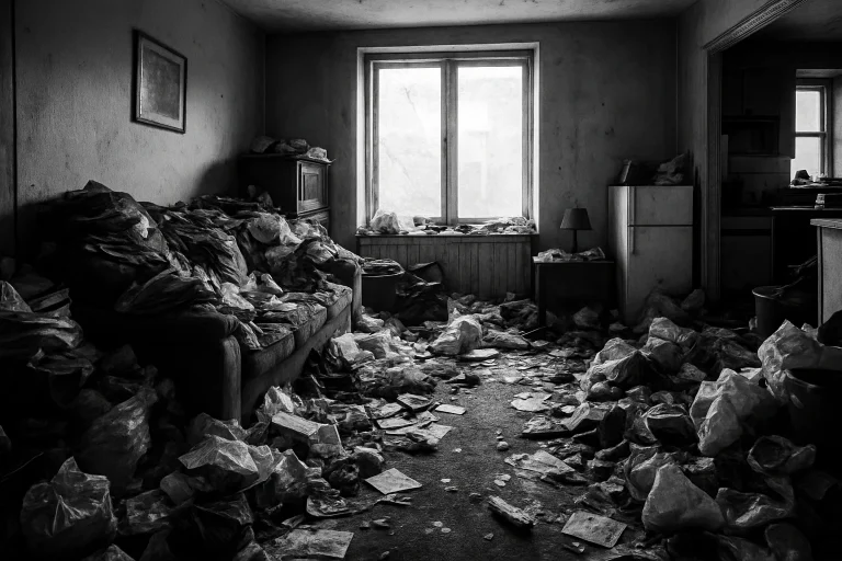 Appartement encombré avec piles d'objets et déchets, lumière naturelle.