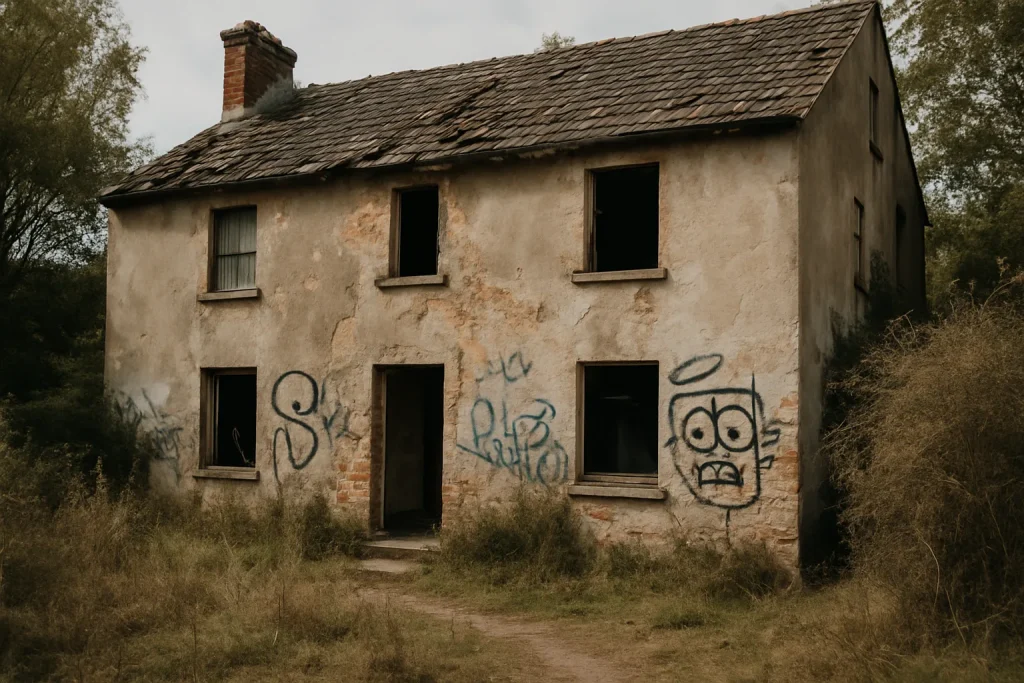 Façade d'une maison squattée avec graffitis et jardin en friche.