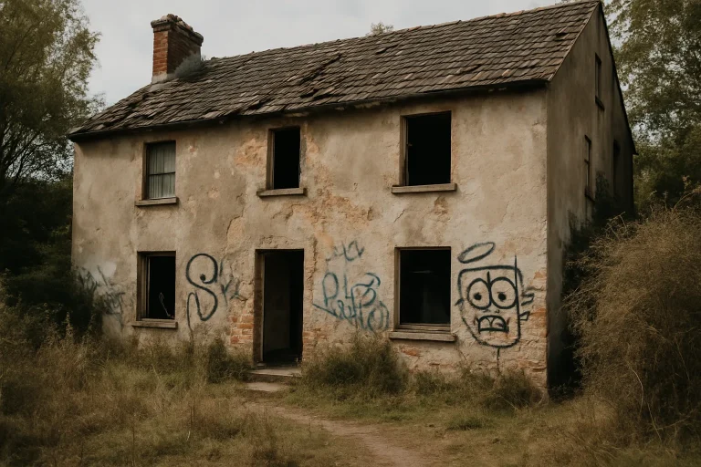 Façade d'une maison squattée avec graffitis et jardin en friche.