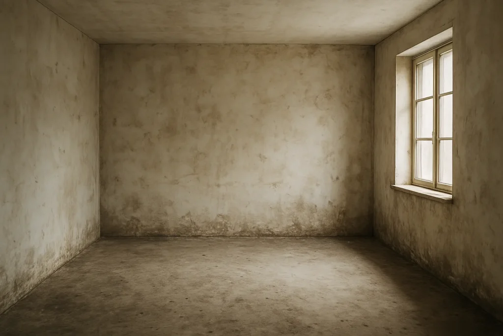 Pièce vide avec murs défraîchis et sol sale, lumière douce par une fenêtre.
