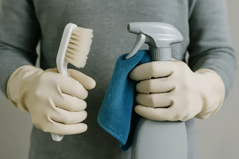 Gros plan sur des mains gantées tenant des outils de nettoyage, lumière neutre
