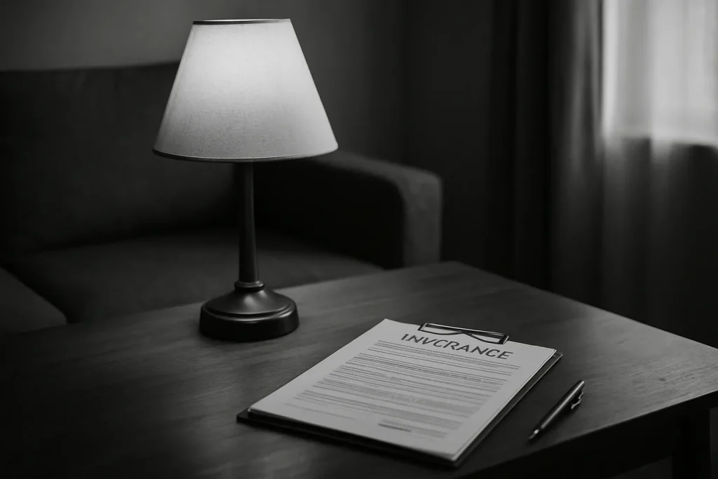 Documents d'assurance habitation sur une table avec une lampe allumée, ambiance feutrée.