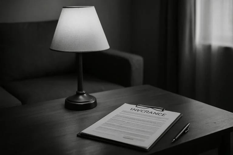 Documents d'assurance habitation sur une table avec une lampe allumée, ambiance feutrée.