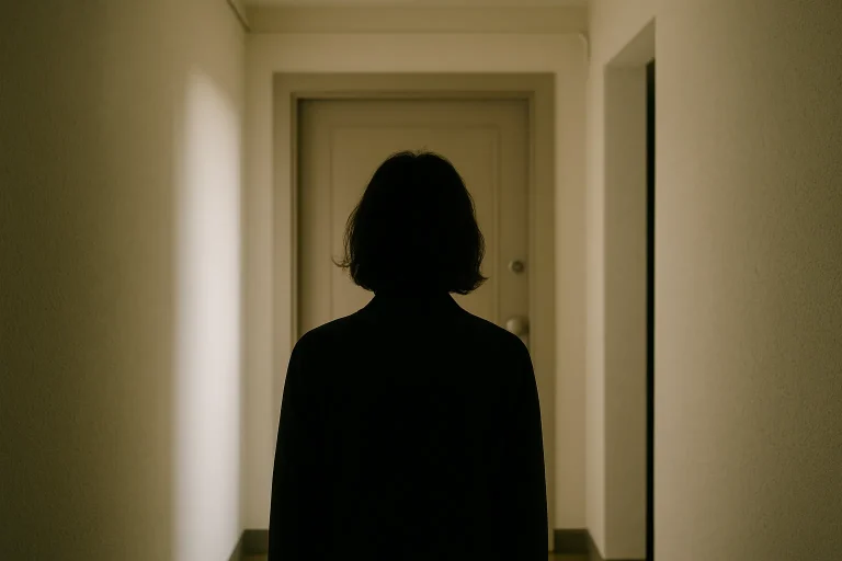 Silhouette de dos devant une porte d'appartement, lumière douce, couloir calme.