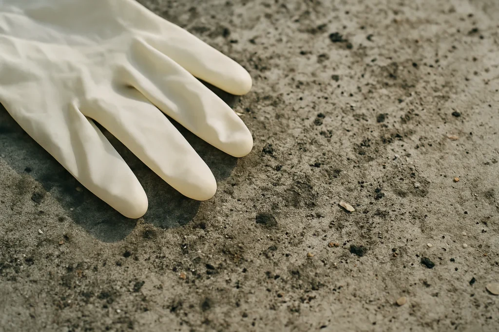 Surface contaminée avec des gants en latex, mettant en évidence les débris.
