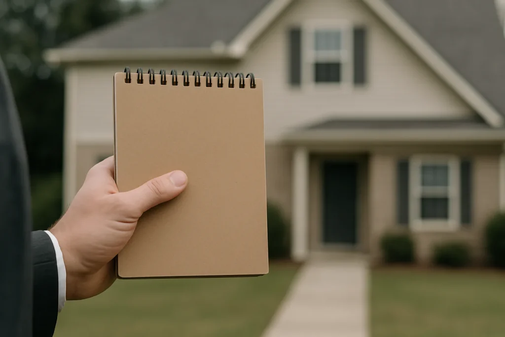 Main tenant un carnet de notes devant une maison floue, lumière naturelle
