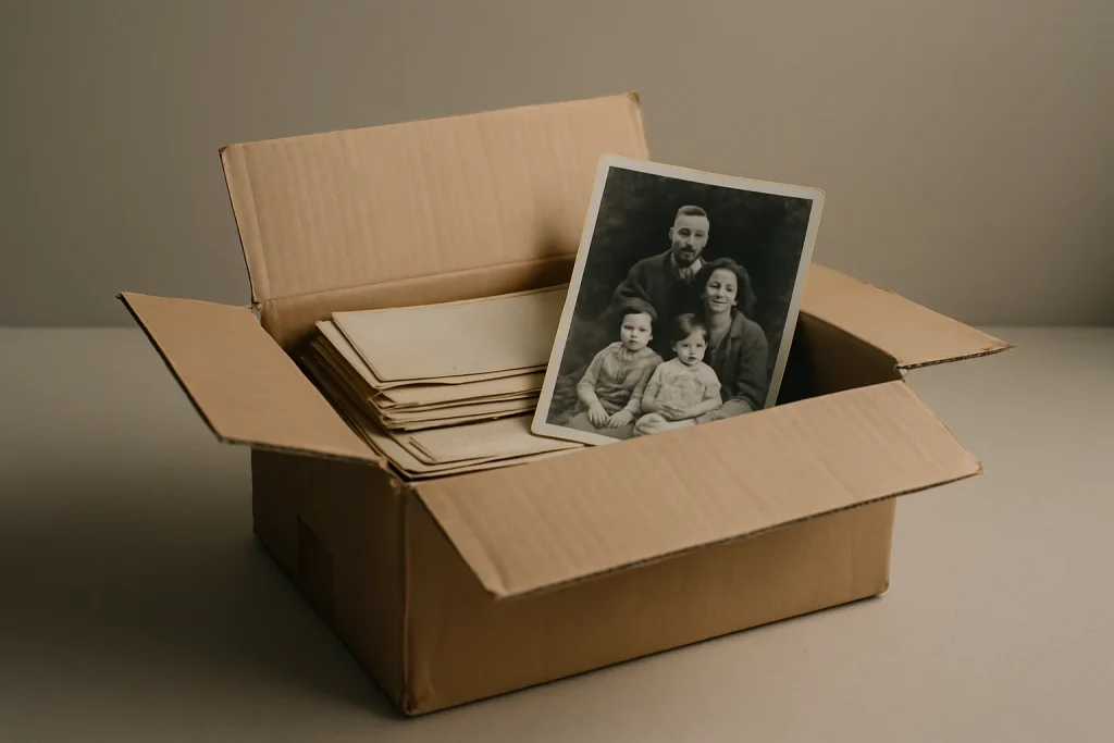 Boîte en carton ouverte avec papiers anciens et photo de famille, éclairage doux.