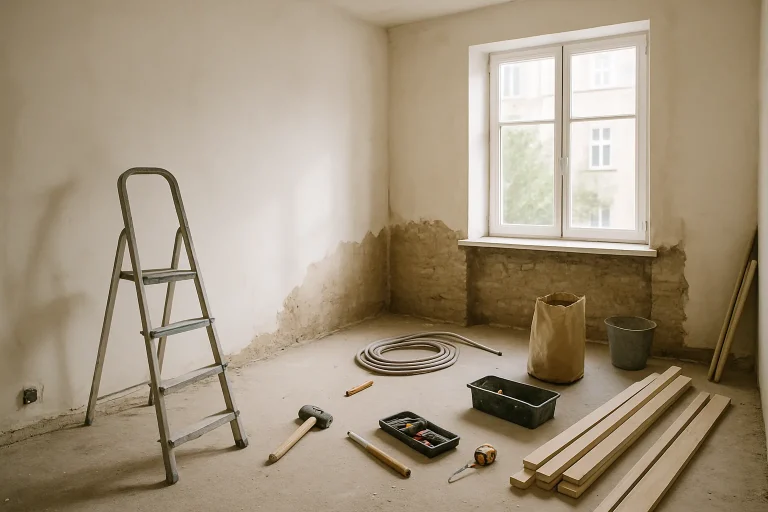 Studio en rénovation avec lumière naturelle, outils et matériaux visibles.