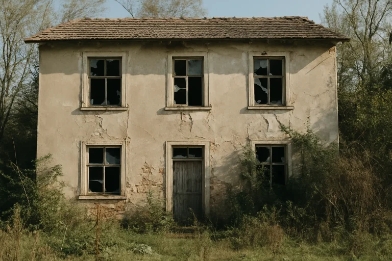 Maison abandonnée avec fenêtres cassées et végétation envahissante, ensoleillée.