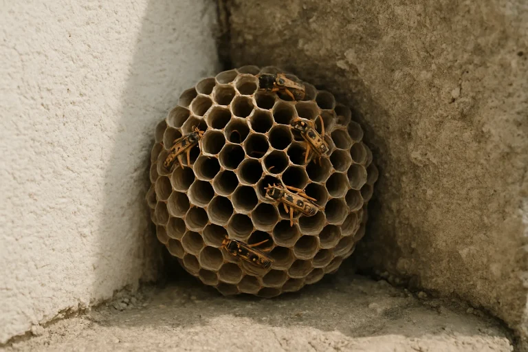 Gros plan sur un nid de nuisibles dans un mur montrant les détails des matériaux utilisés.