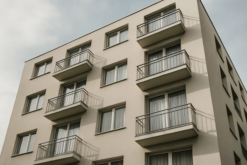 Façade d'un immeuble résidentiel avec fenêtres et balcons, lumière du jour