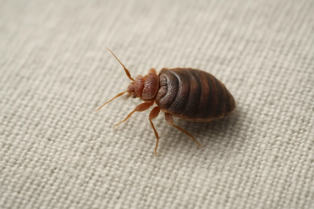 Punaise de lit vue de près sur un tissu, éclairage naturel doux.