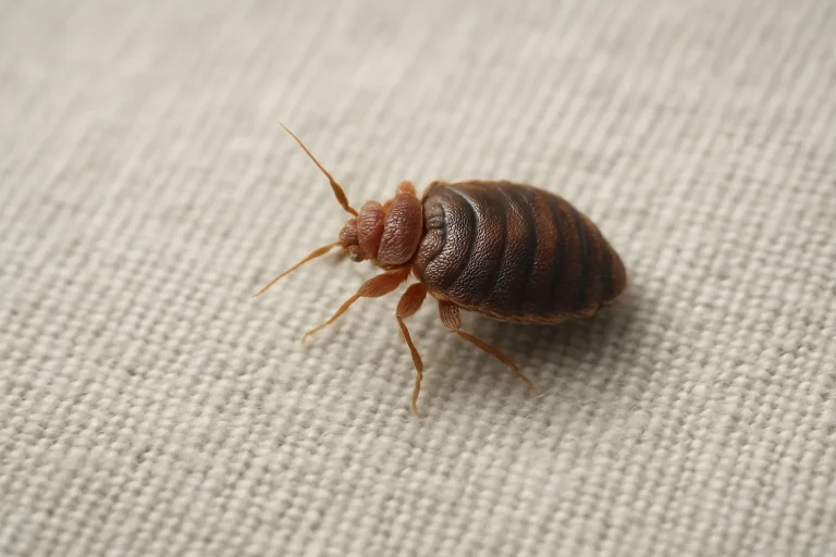 Punaise de lit vue de près sur un tissu, éclairage naturel doux.