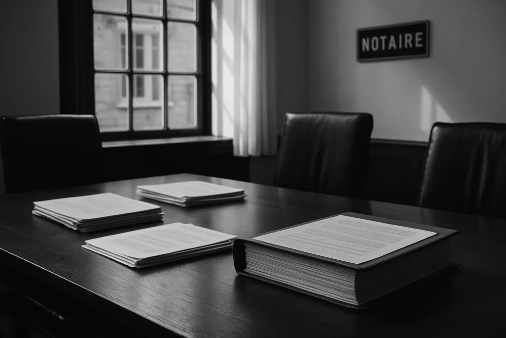 Photo en noir et blanc d'une salle de réunion de notaire, documents sur la table, lumière naturelle.