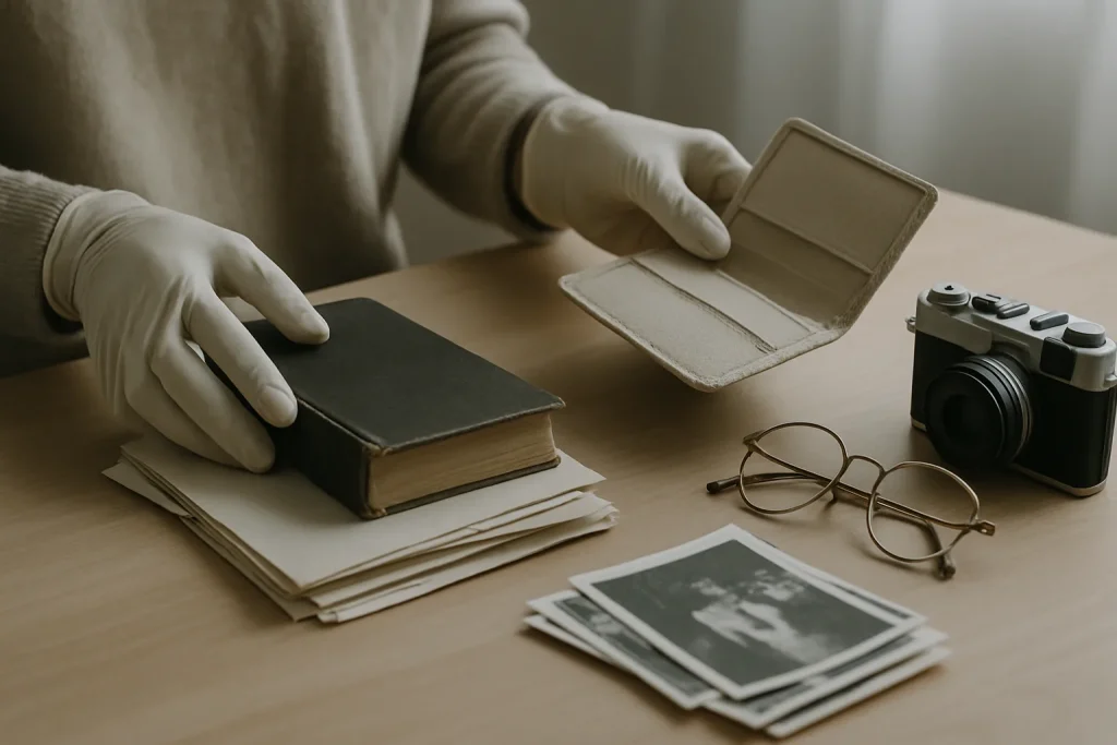 Des mains gantées trient des objets personnels sur une table, lumière naturelle.