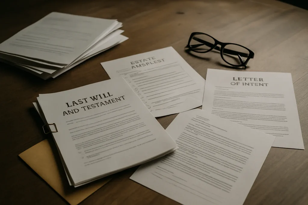 Documents de succession sur une table en bois, éclairage doux, liés au nettoyage Diogène.