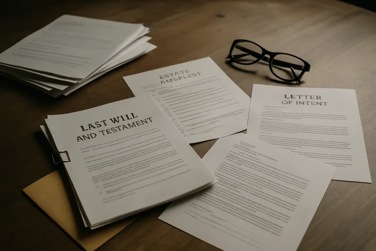 Documents de succession sur une table en bois, éclairage doux, liés au nettoyage Diogène.