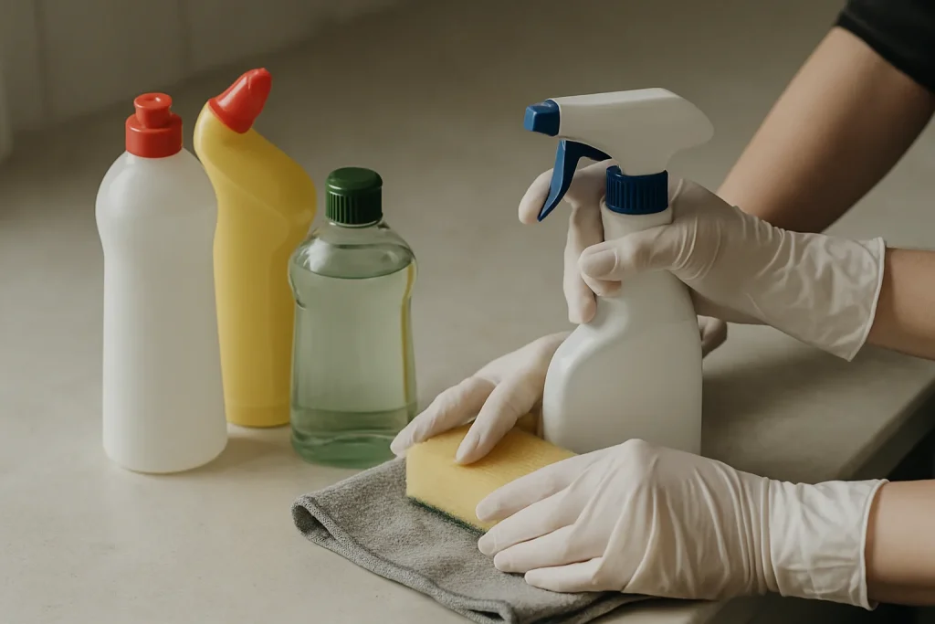 Mains gantées nettoyant une surface encombrée, illustrant le défi du syndrome de Diogène.