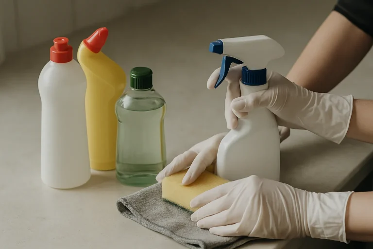 Mains gantées nettoyant une surface encombrée, illustrant le défi du syndrome de Diogène.
