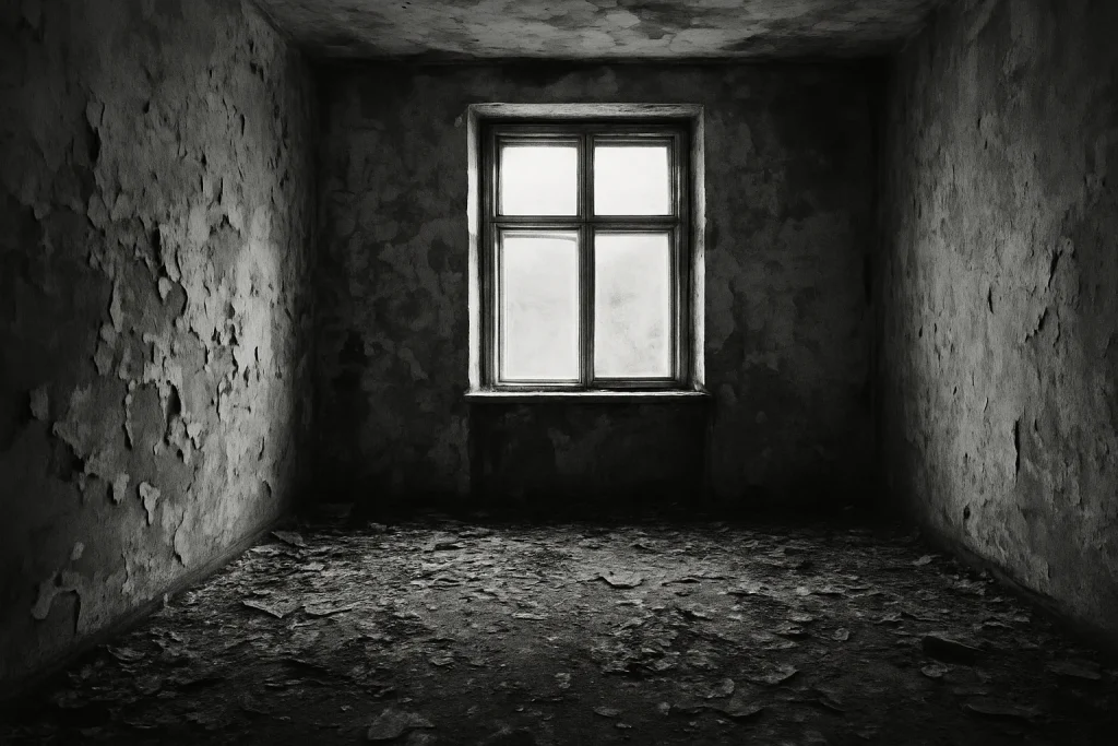 Photo noir et blanc d'une pièce délabrée avec murs écaillés et sol en désordre.