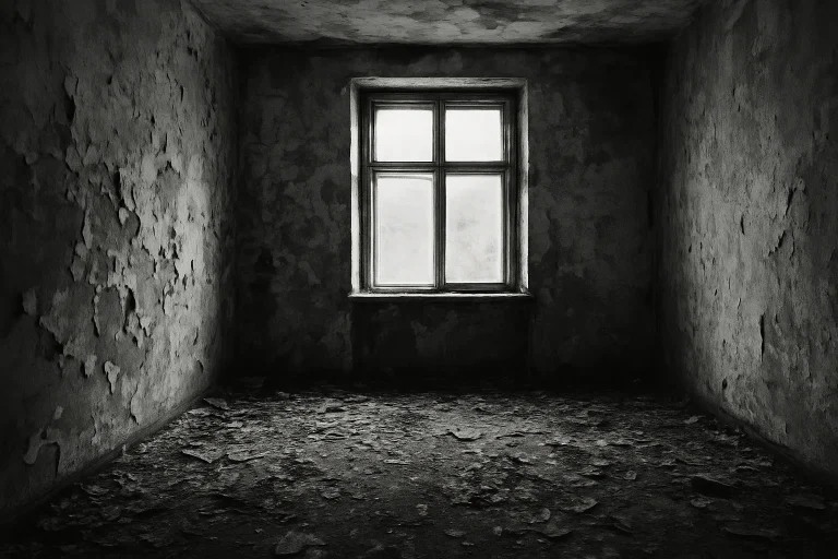 Photo noir et blanc d'une pièce délabrée avec murs écaillés et sol en désordre.