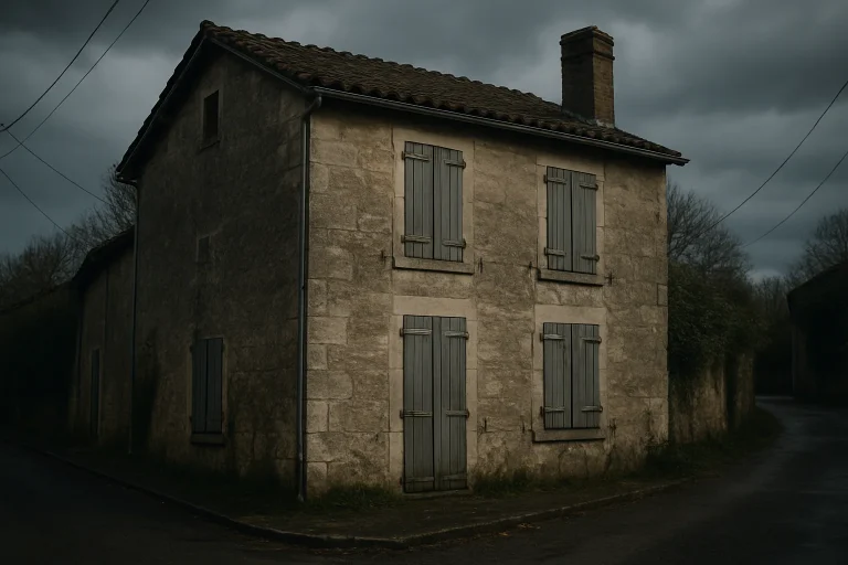 Maison aux volets fermés avec une atmosphère inquiétante dans une rue déserte.