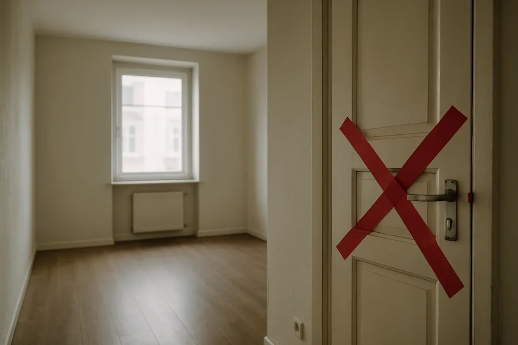 Porte d'appartement avec scellés rouges, lumière douce entrant par une fenêtre