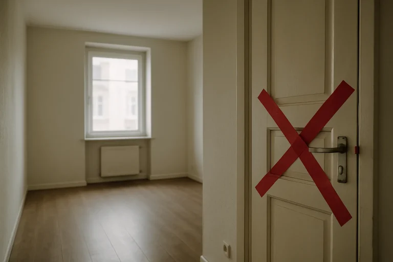 Porte d'appartement avec scellés rouges, lumière douce entrant par une fenêtre