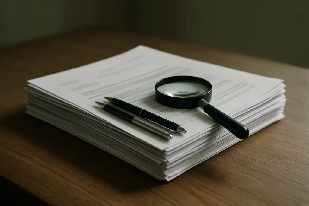 Pile de documents officiels avec stylos et loupe sur une table, éclairage doux.