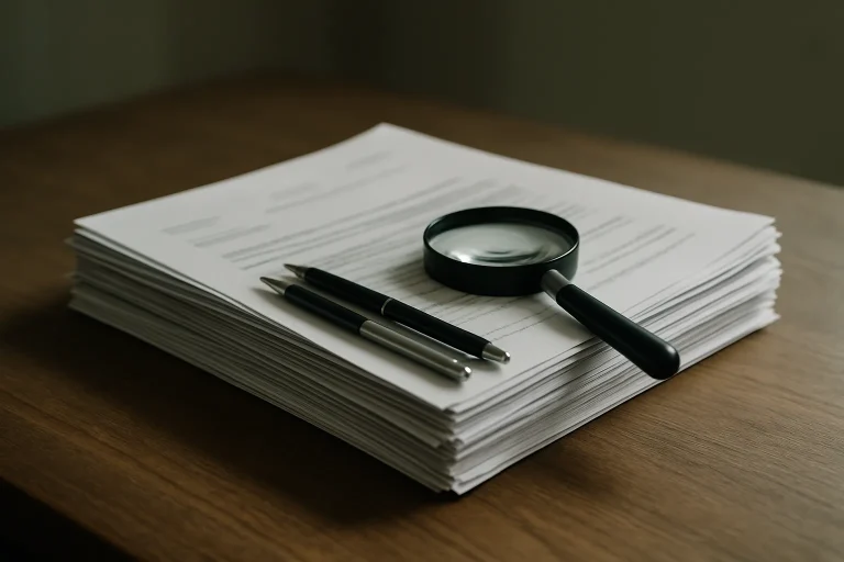 Pile de documents officiels avec stylos et loupe sur une table, éclairage doux.