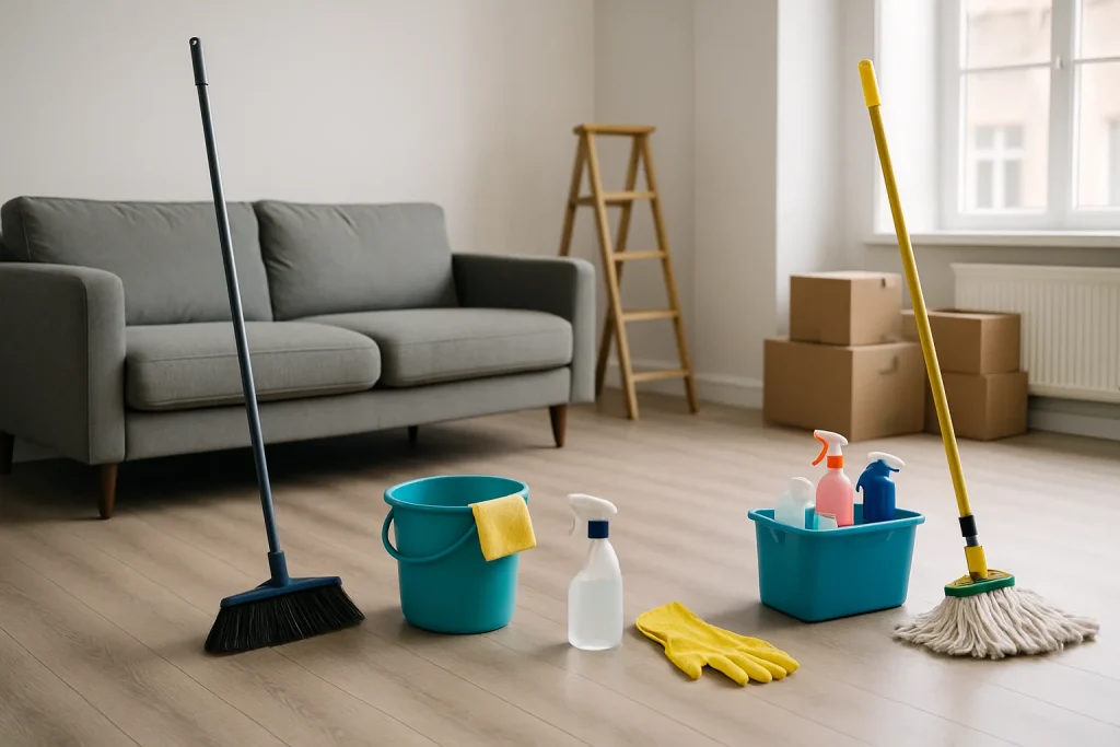 Pièce en cours de nettoyage avec outils et produits, lumière neutre.