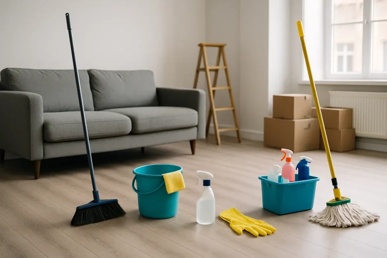 Pièce en cours de nettoyage avec outils et produits, lumière neutre.