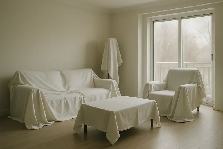 Salon vide avec meubles couverts de draps blancs et lumière douce.