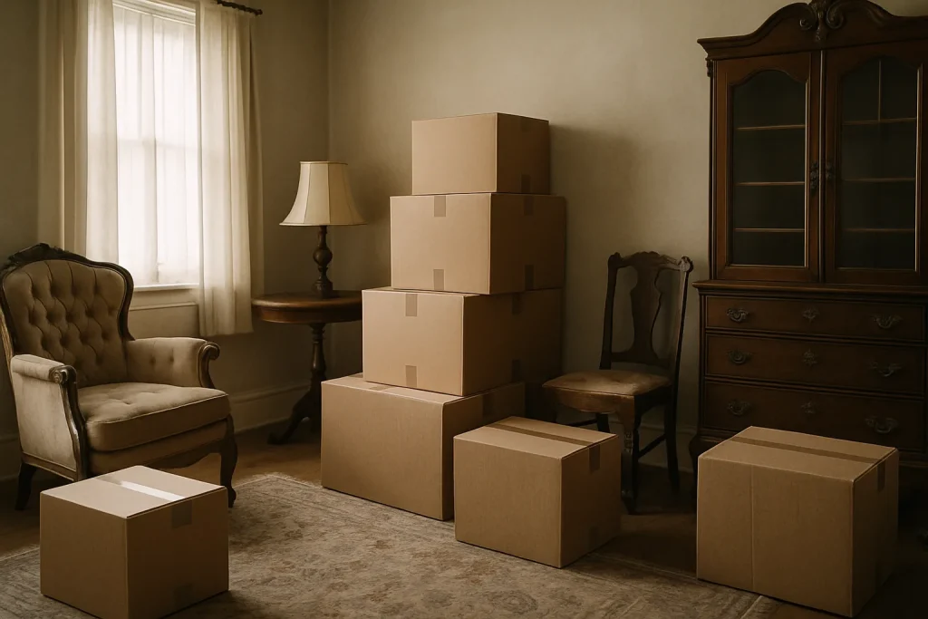 Intérieur d'une pièce remplie de meubles anciens et de cartons, ambiance héritage