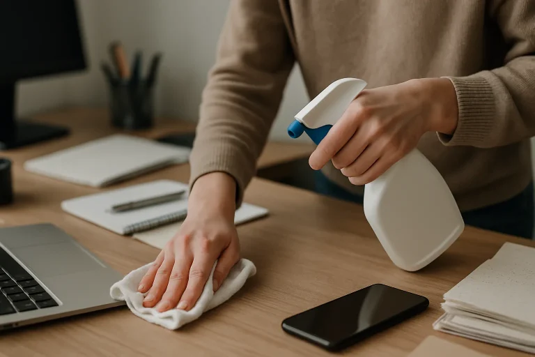 Mains désinfectant une surface encombrée avec un pulvérisateur et chiffon