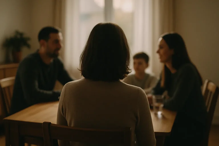 Silhouette de dos d'une famille discutant autour d'une table, lumière douce.