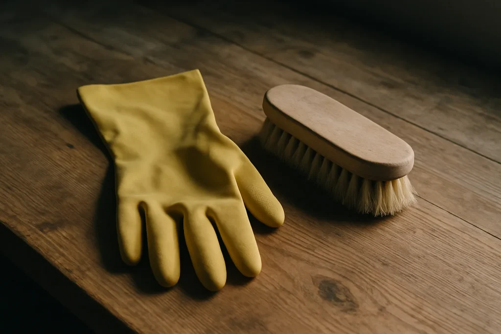 Des objets de nettoyage comme un gant et une brosse sur une table, lumière latérale.