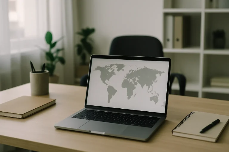 Bureau moderne avec ordinateur affichant une carte, lumière douce, travail à distance.