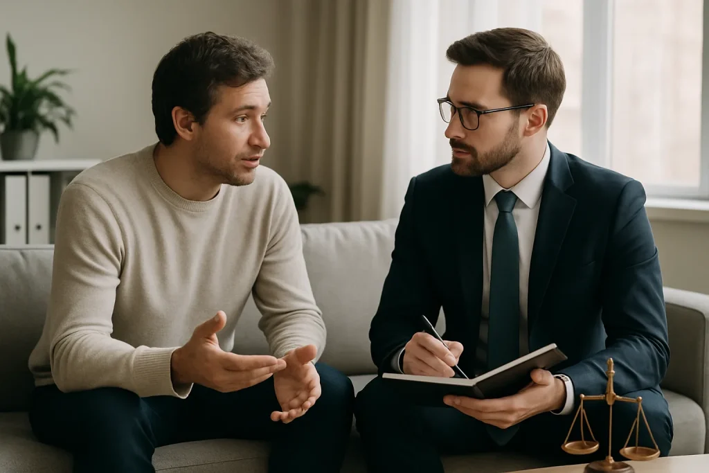 Un tuteur et un conseiller juridique discutant sur un canapé, lumière douce.