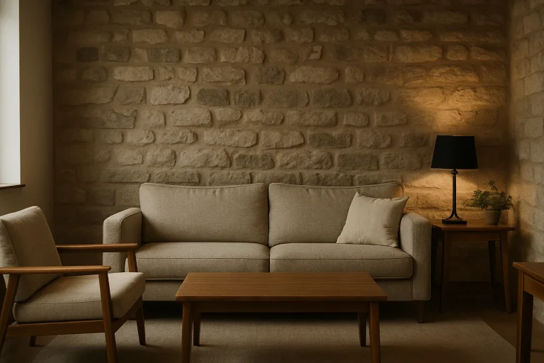 Salon accueillant avec murs en pierre, meubles en bois, lumière douce, ambiance chaleureuse