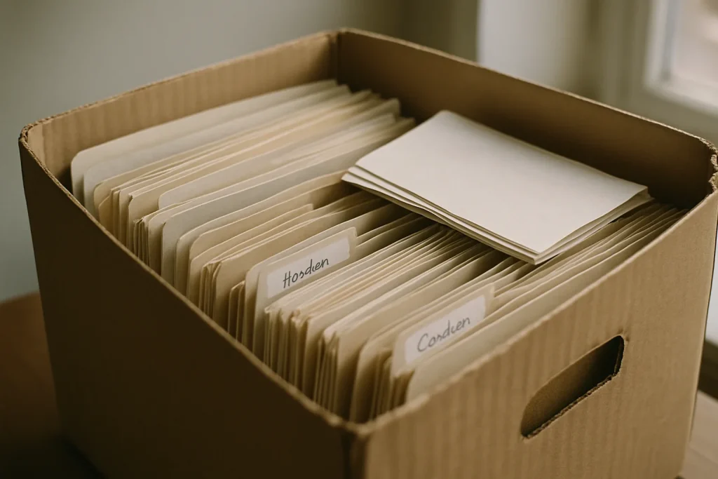 Boîte en carton ouverte avec dossiers et papiers à trier, lumière naturelle