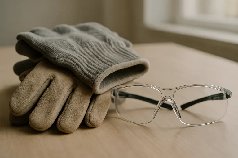 Gants résistants et lunettes de sécurité sur une table pour protéger contre les risques biologiques