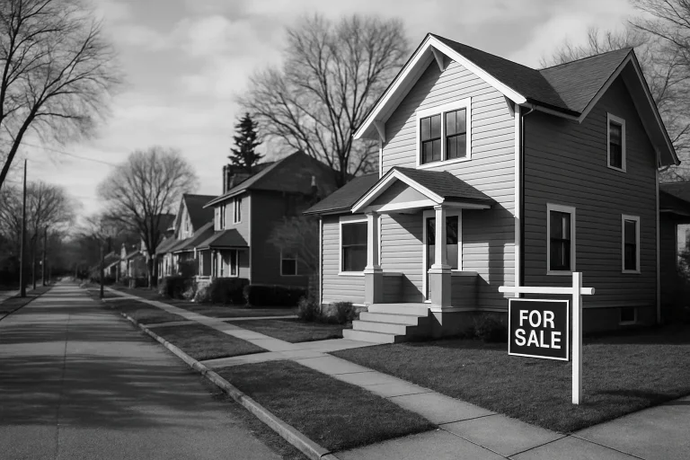 Maison rénovée avec un panneau 'À vendre' dans une rue résidentielle calme.