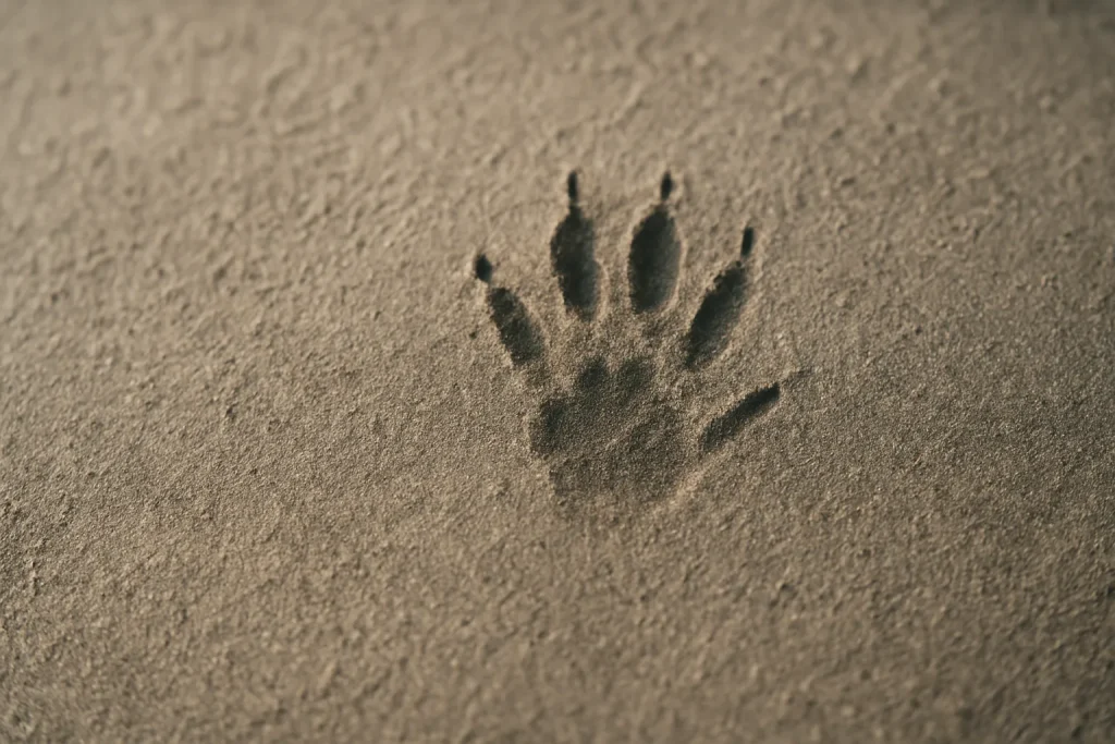 Gros plan sur une empreinte de patte de rat visible sur une surface poussiéreuse.
