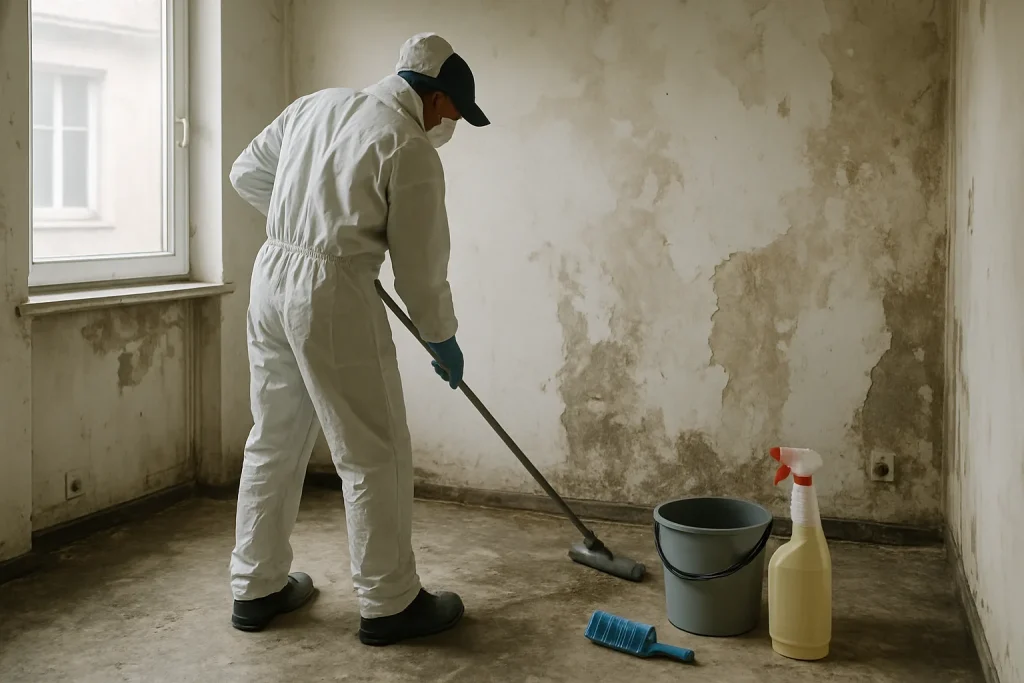 Agent de nettoyage en action dans un appartement dégradé avec outils visibles.