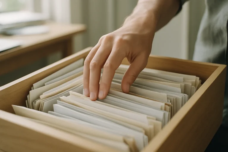 Main fouillant dans un tiroir pour retrouver des bijoux ou documents importants