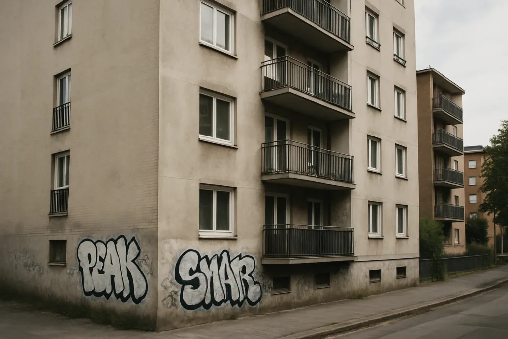 Façade d'immeuble avec graffitis, angle en plongée, lumière du jour.