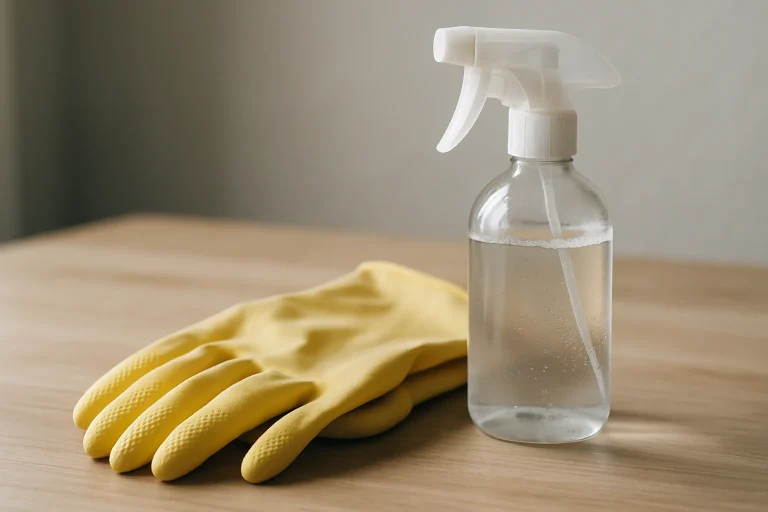 Gants de nettoyage et désinfectant posés sur une table, éclairage naturel.