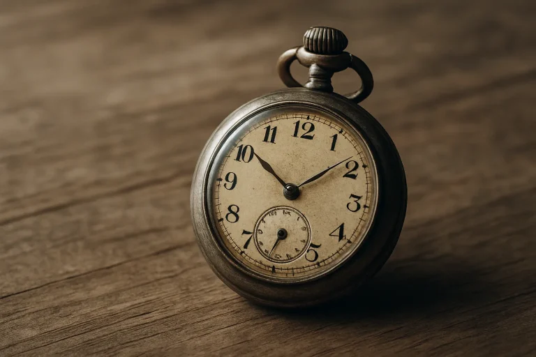 Gros plan d'une montre à gousset ancienne sur une table en bois, éclairage naturel.