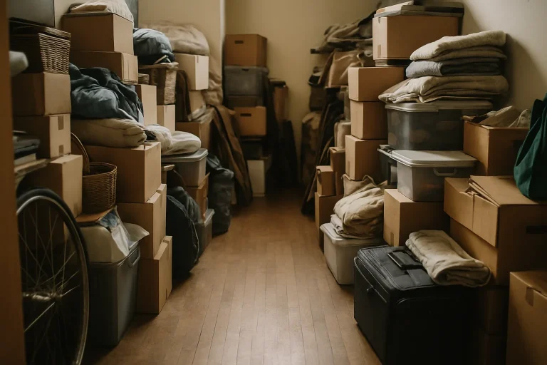 Pièce encombrée avec chemin dégagé entre des piles d'objets divers, sous éclairage doux.